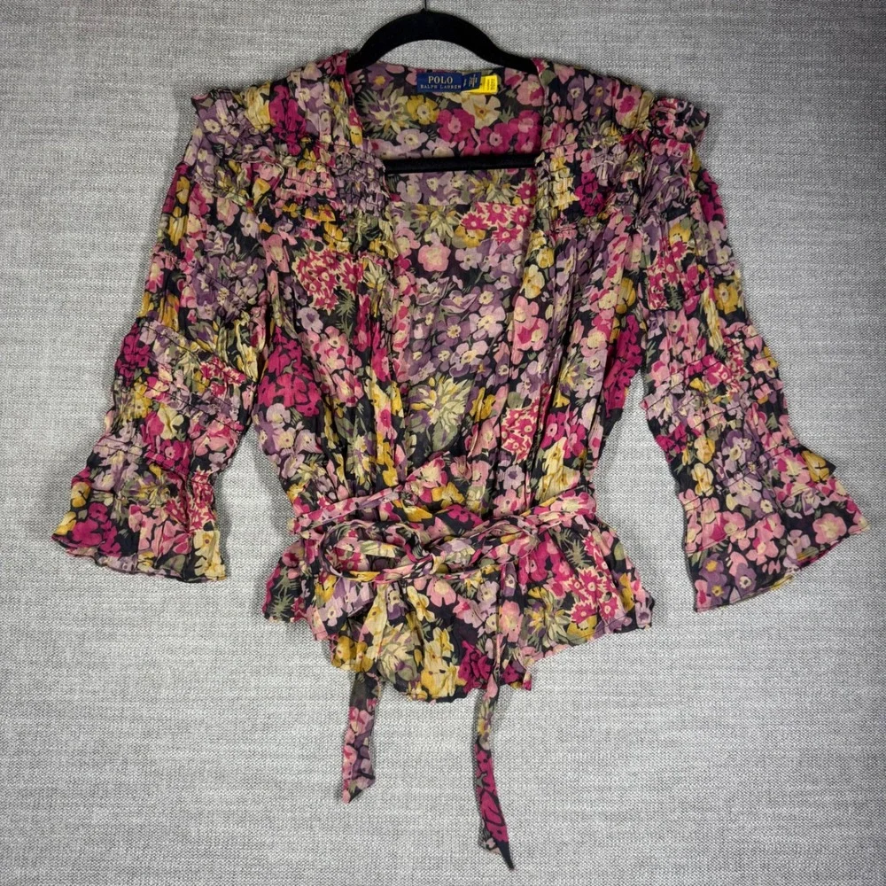 Polo Ralph Lauren Floral Wrap Peplum Blouse Smocked Ruffle Small Petite $298‎